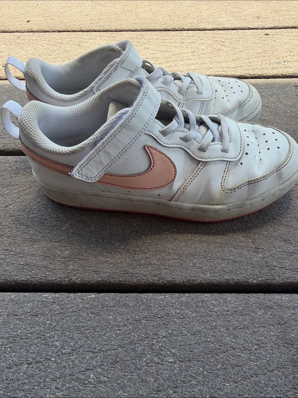 Youth size 3Nike Kids White Sneakers with Pink Swoosh - Velcro Strap